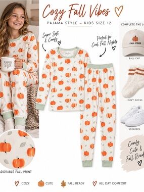Jessica Simpson Very Soft Kids Pumpkin Pajama Set Cream & Orange with Sage Trim